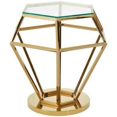 Allure small gold finish diamond end table with geometric gold finish base and clear glass top side table