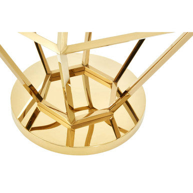 Allure small gold finish diamond end table with a gold-toned geometric metal base and hexagonal faceted design