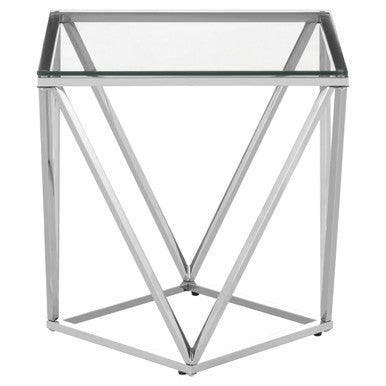 Allure small inverted prism end table with chrome finish clear glass top and angular metal bars prism end table design