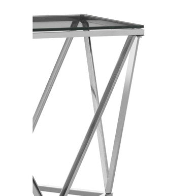 Modern chrome finished allure small inverted prism end table with sleek glass top and angular metal legs prism end table