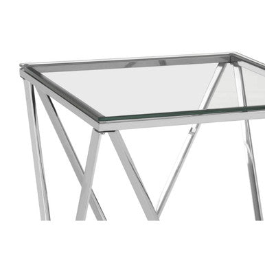 Allure small inverted prism end table with clear glass top and chrome x-shaped metal legs in a sleek modern style