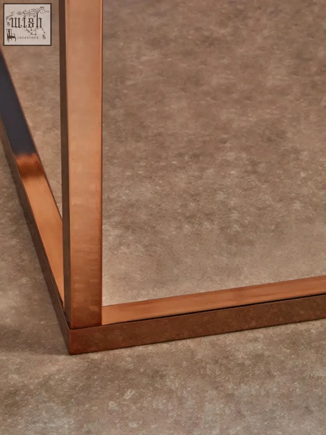 Square rose gold coffee table with a copper-finished metal frame and sleek modern design for stylish living rooms
