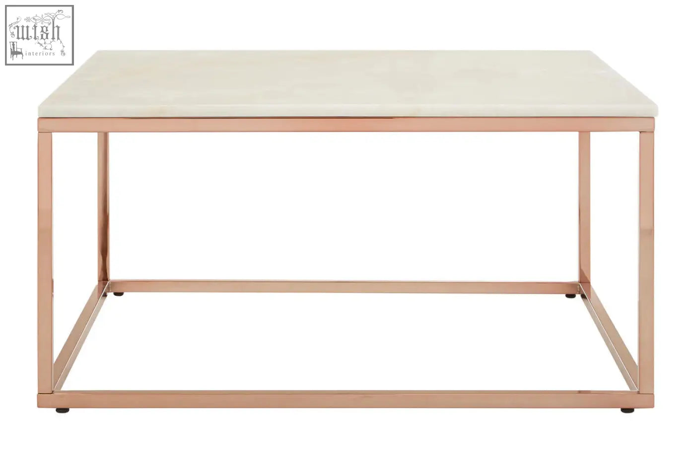 Modern rectangular coffee table with smooth white marble top and square rose gold metal frame perfect for living rooms