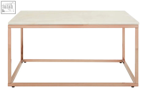 Modern rectangular coffee table with smooth white marble top and square rose gold metal frame perfect for living rooms