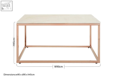 Modern square rose gold coffee table with a sleek metal frame and smooth light beige marble top perfect for any space
