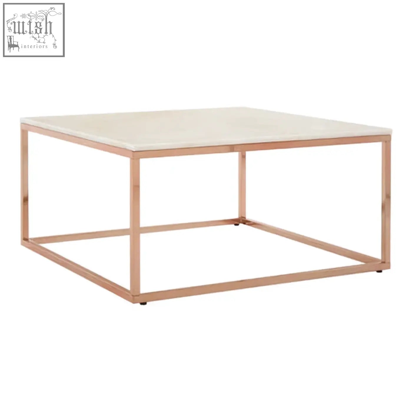 A modern square rose gold coffee table with a sleek white marble top perfect for stylish living spaces