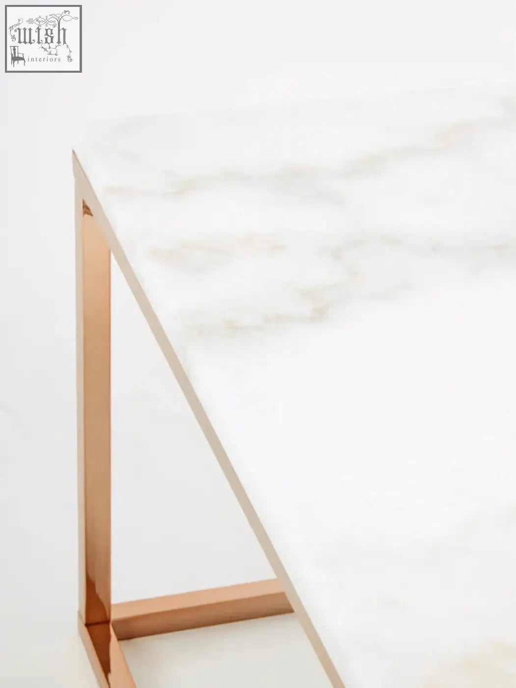 Allure square rose gold and marble coffee table with sleek white marble top and slender rose gold metal legs