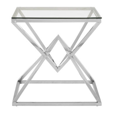 Allure square silver finish end table with a chrome geometric base and clear glass top perfect silver finish end table