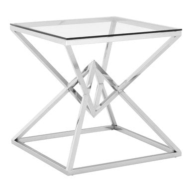 Allure square silver finish end table with chrome finish glass top and intersecting x-shape silver finish end legs