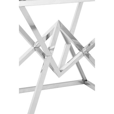Allure square silver finish end table with chrome metal and geometric intersecting x-frame design silver finish end