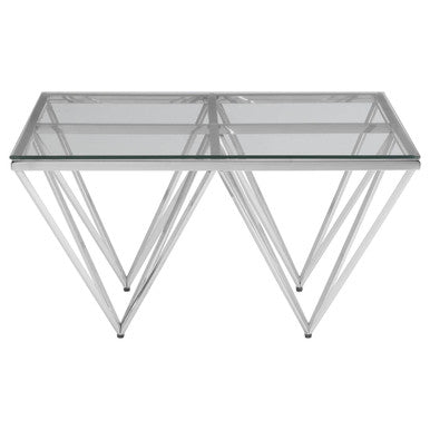 Modern allure tempered glass coffee table with silver metal geometric v-shaped legs and clear tempered glass top