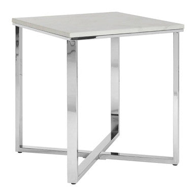 Modern allure white marble chrome square end table with sleek minimalist chrome finish and smooth white top