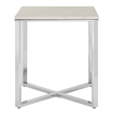Modern allure white marble and chrome square end table with sleek chrome finish and smooth white marble top
