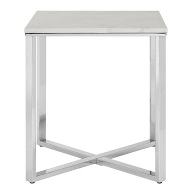 Modern allure white marble and chrome square end table with sleek minimalist design and intersecting x-shaped legs
