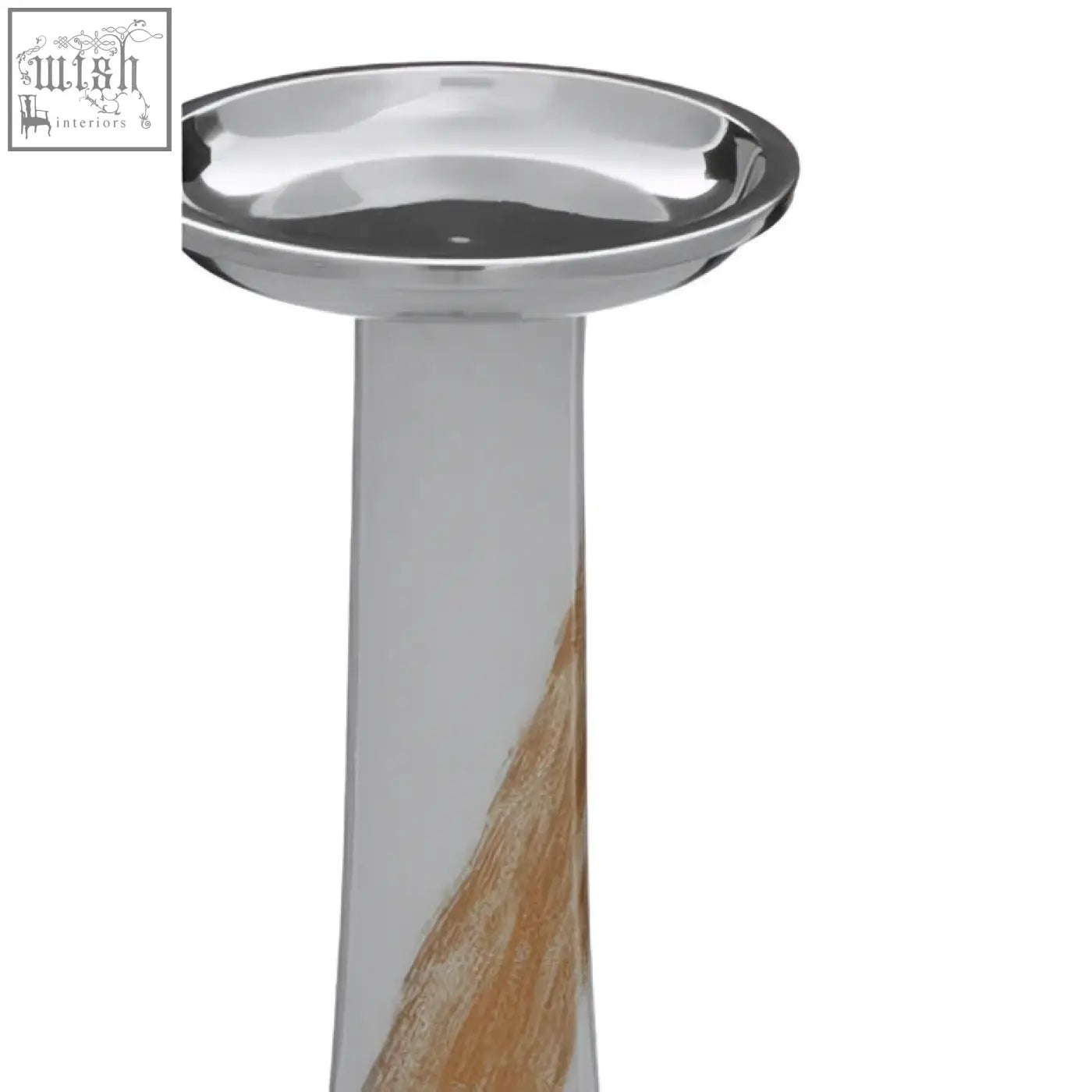 Silver pedestal candle holder with smooth reflective bowl and gold decorative swirl perfect for a gold candle holder