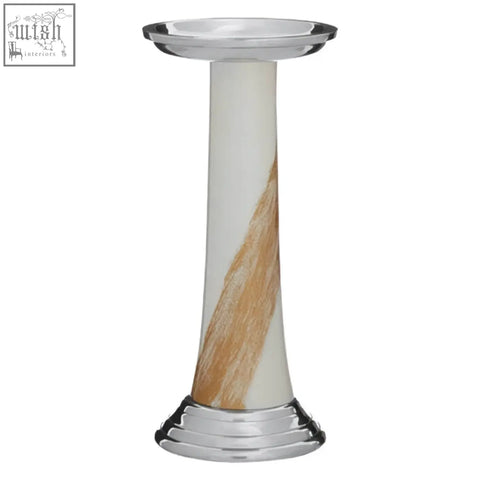 Alma white and gold candle holder with sleek white body gold swirl design and polished chrome accents