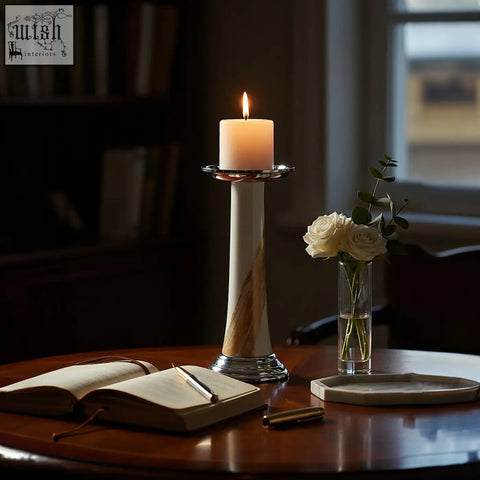 A tall slender alma white and gold candle holder with a marbled body and lit ivory gold candle on a silver base