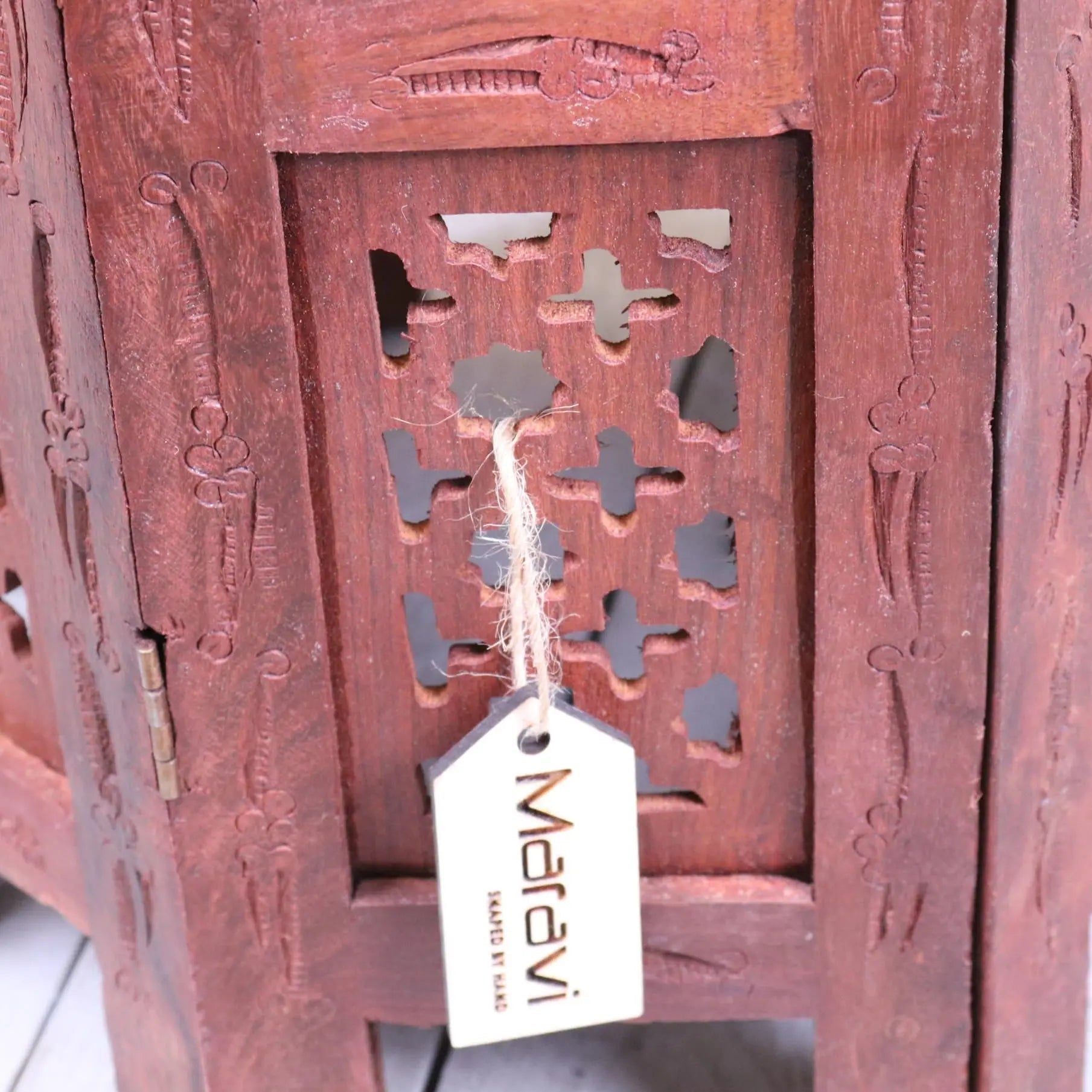 Redwooden alnif moroccan side table with intricate carved patterns and decorative lattice panel in sheesham wood