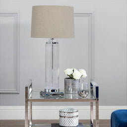 Clear glass alona table lamp with beige stone linen shade perfect for cozy home lighting