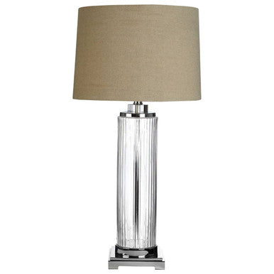 Alona table lamp with clear glass base and beige stone linen shade for a stylish modern look
