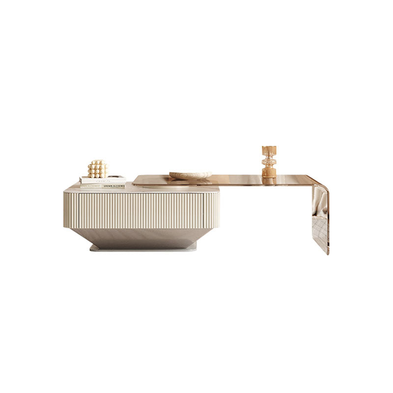 Modern beige alonso coffee table with sleek ribbed base and glass top made from durable sintered stone