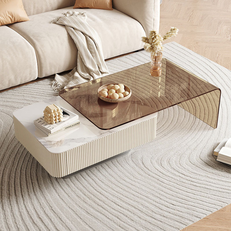 Modern alonso coffee table with frosted glass top and ribbed white marble sintered stone base