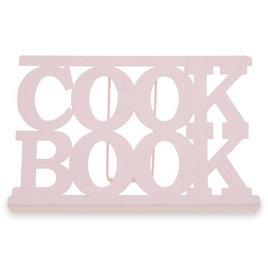 Pink laser-cut wooden trivet with cook book lettering in alpha pink cookbook stand pink with pink enamel finish