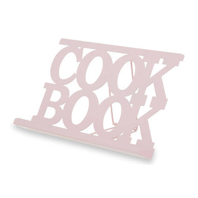 Pink metallic alpha pink cookbook stand with cut-out lettering design and pink enamel finish for easy recipe display