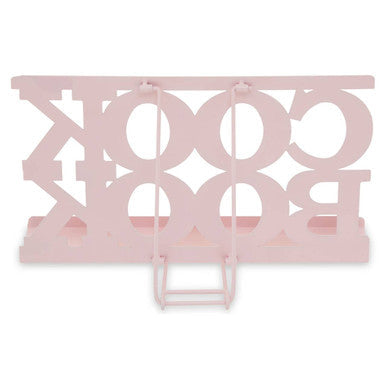 Alpha pink cookbook stand in pink with cut out lettering and small ladder base in durable pink enamel finish