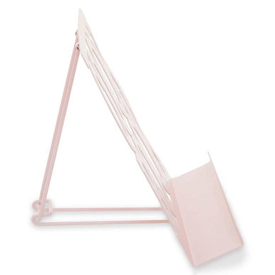 Pink triangular alpha pink cookbook stand with slanted shelf adjustable legs and pink enamel finish for kitchen use