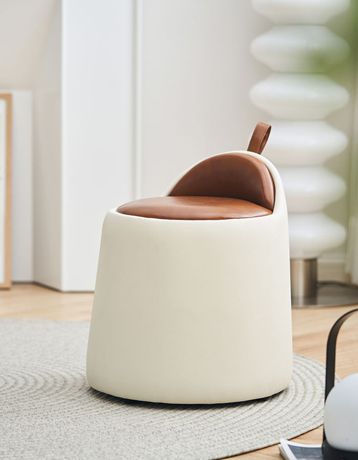 Cream-colored alpha dressing table stool with brown pu leather seat and backrest and small handle on top