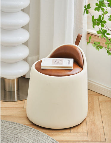 Cream-colored alpha dressing table stool with brown pu leather seat backrest and side handle for easy use