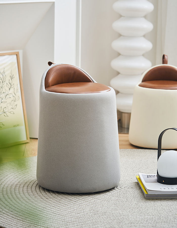 Gray cylindrical alpha dressing table stool with brown pu leather seat and backrest for comfy dressing table use
