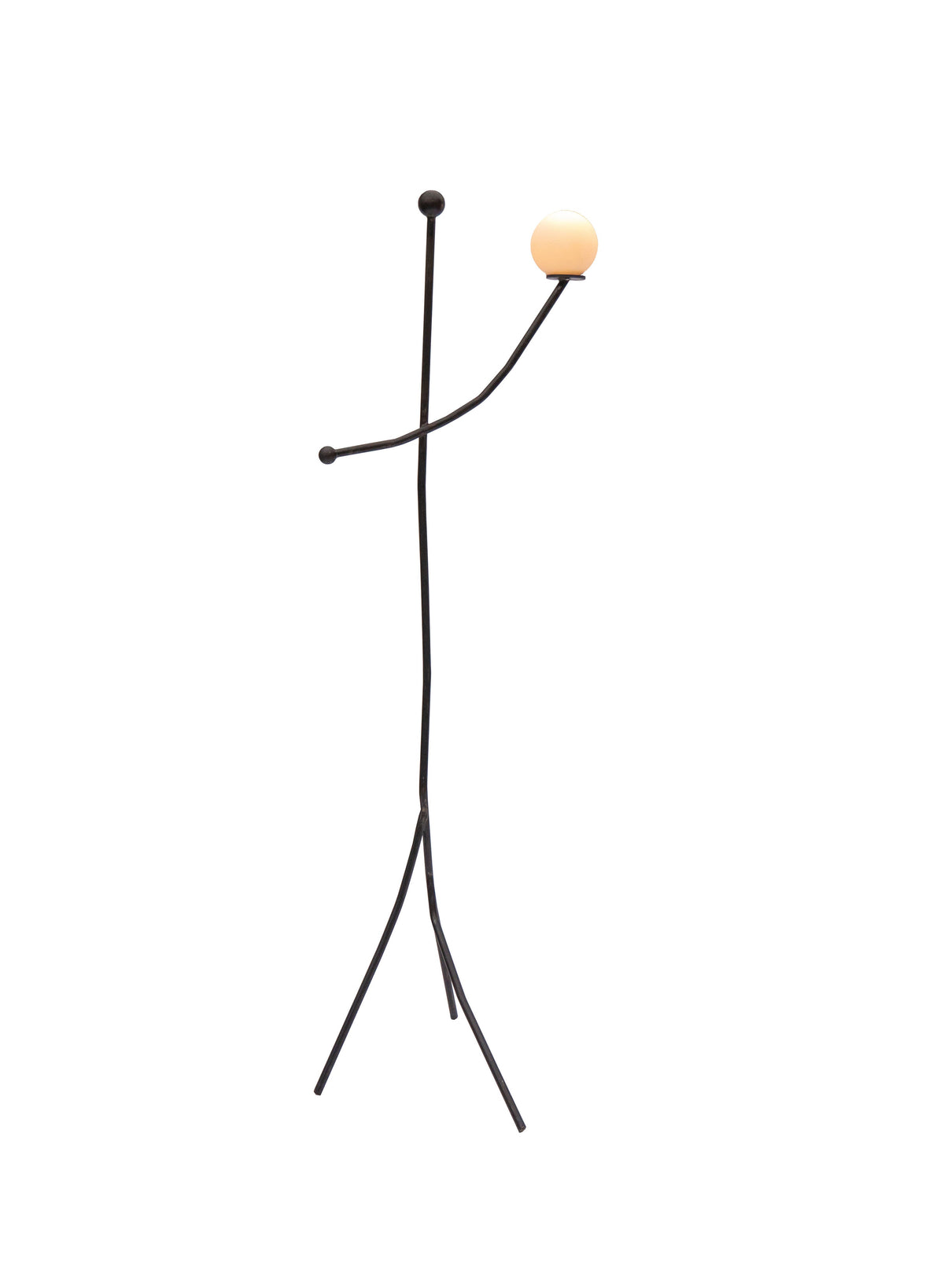 Black metal floor lamp aluminium balancing act with minimalist stick figure design and orange spherical bulb