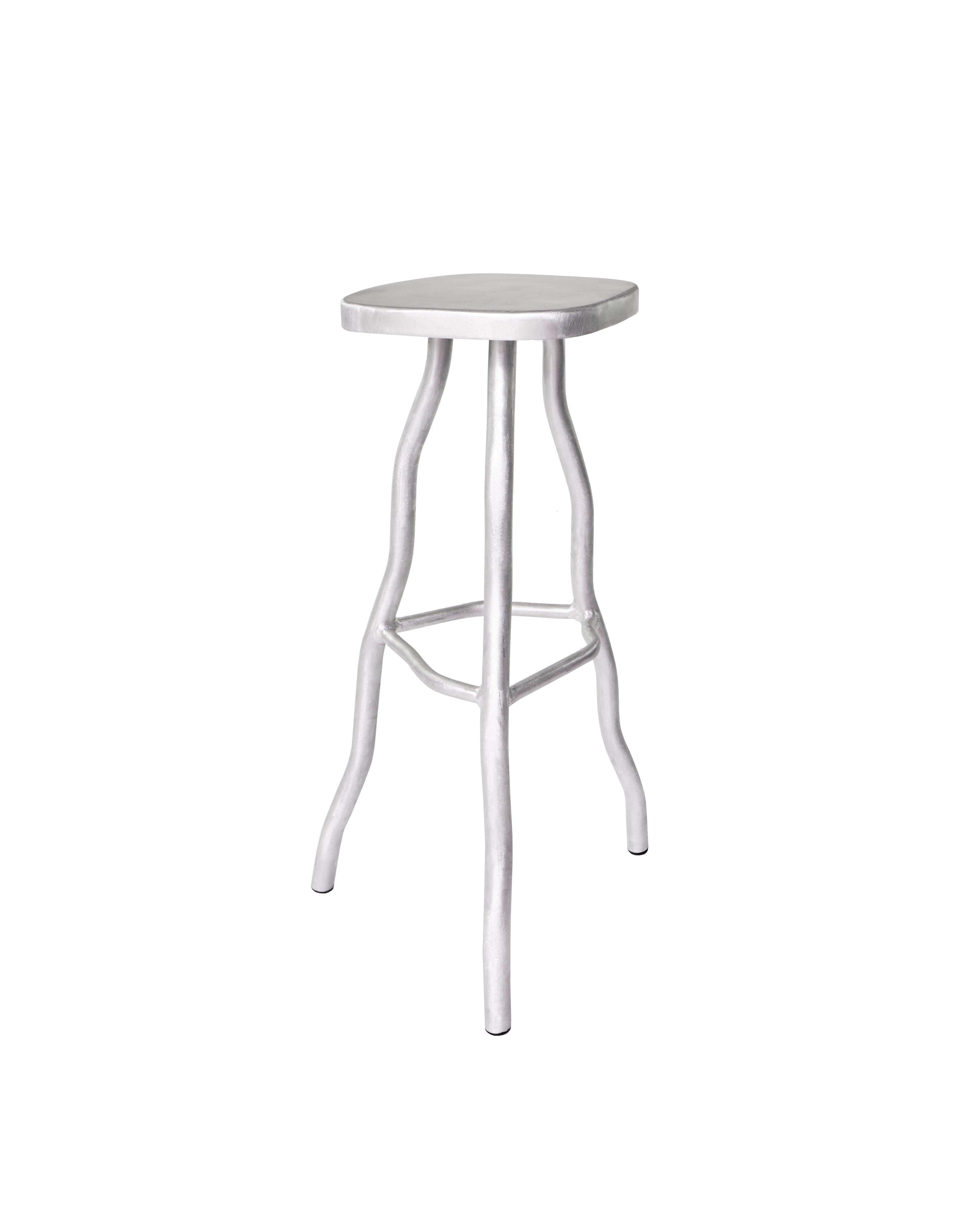 Silver-finished aluminium bar stool with a square seat and curved tree-like metal legs for stylish seating