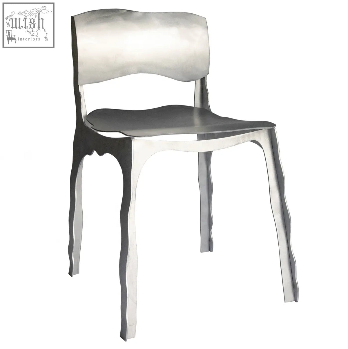 Silver metallic aluminium contemporary chair with sleek sculpted design and flowing legs for modern spaces