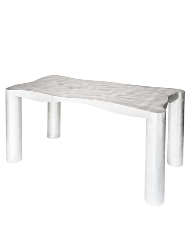 Silver metallic aluminium dining table bench with quilted textured top and sturdy cylindrical legs