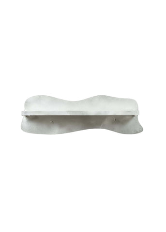 A sleek white marble aluminium middle shelf with smooth undulating design and sturdy metallic supports
