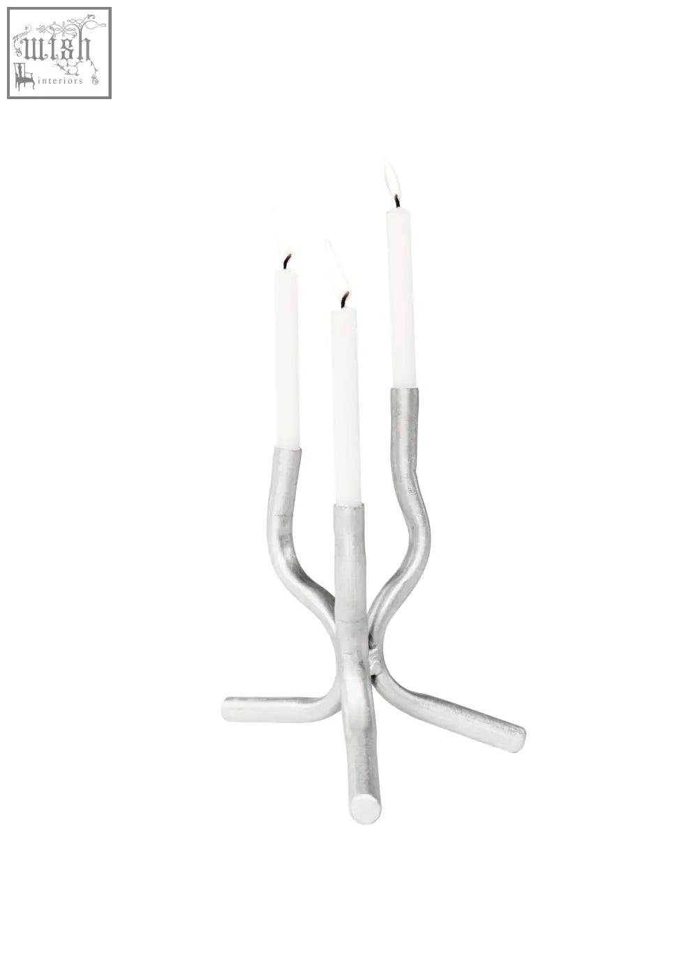 Silver metallic aluminium mini candelabra with three slender curved arms holding white candles