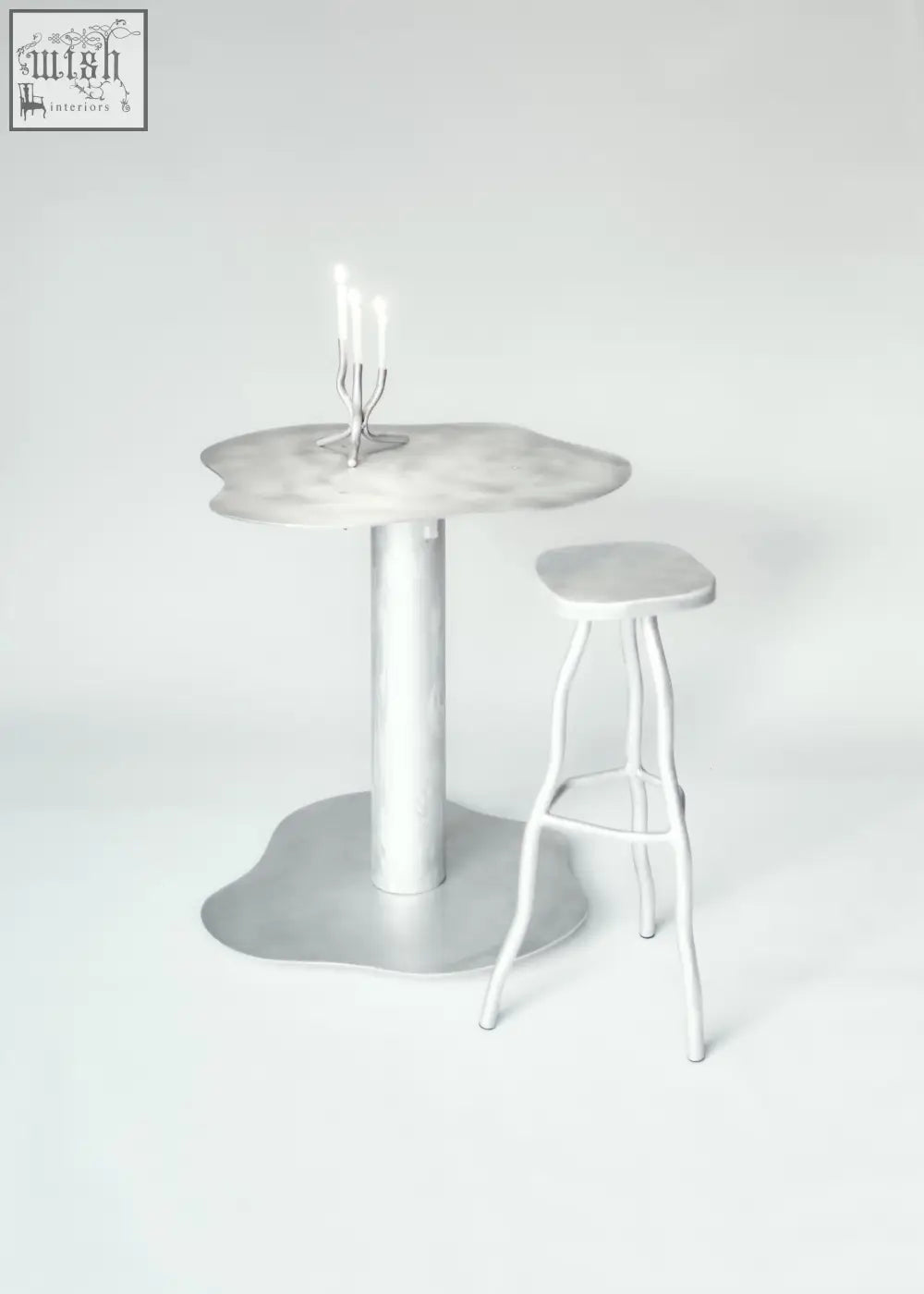 Silver metallic aluminium mini candelabra table with melting organic shape and matching stool for stylish decor