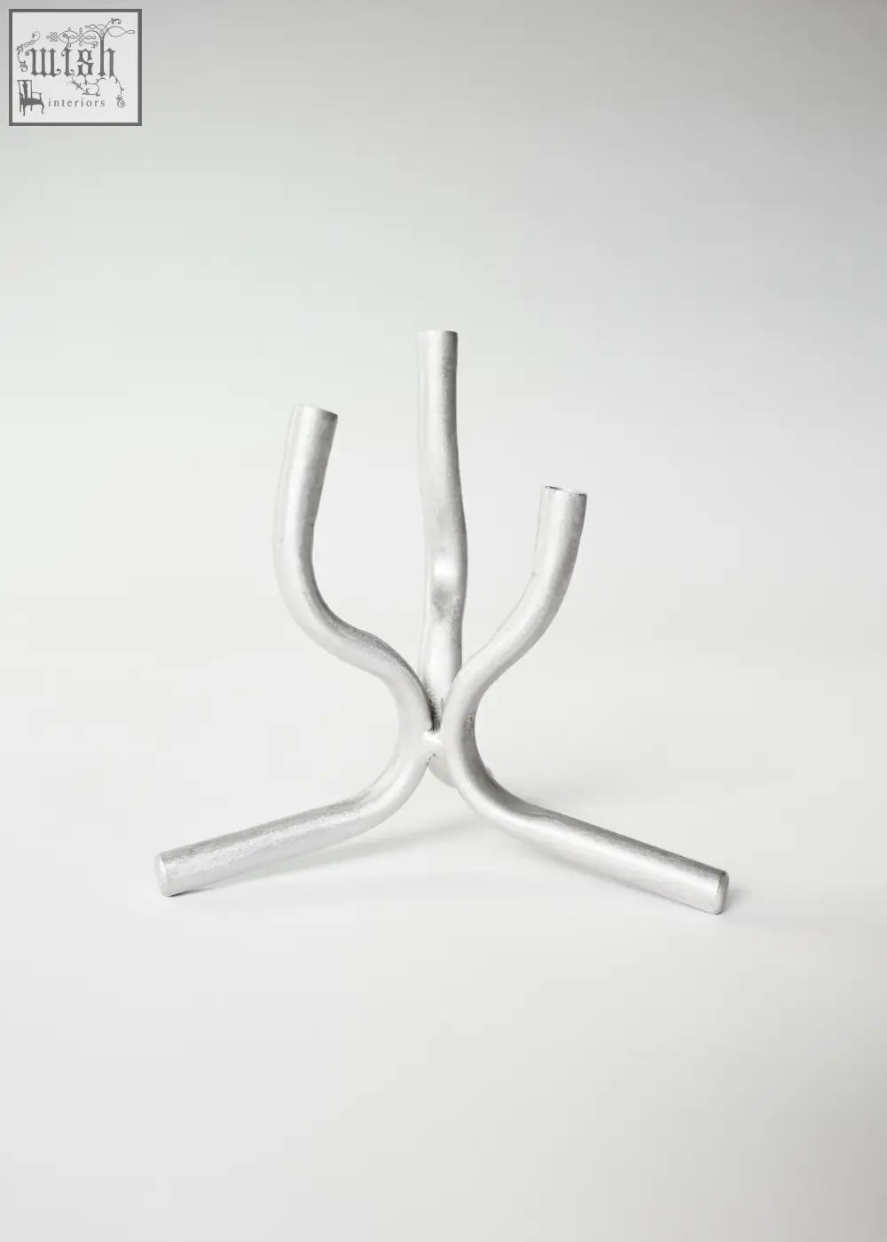 Silver metallic aluminium mini candelabra with three curved arms and organic branching design