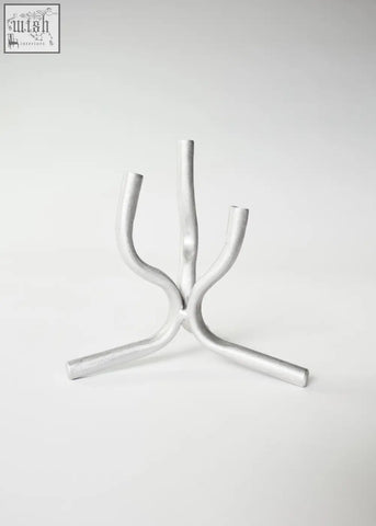 Silver metallic aluminium mini candelabra with three curved arms and organic branching design