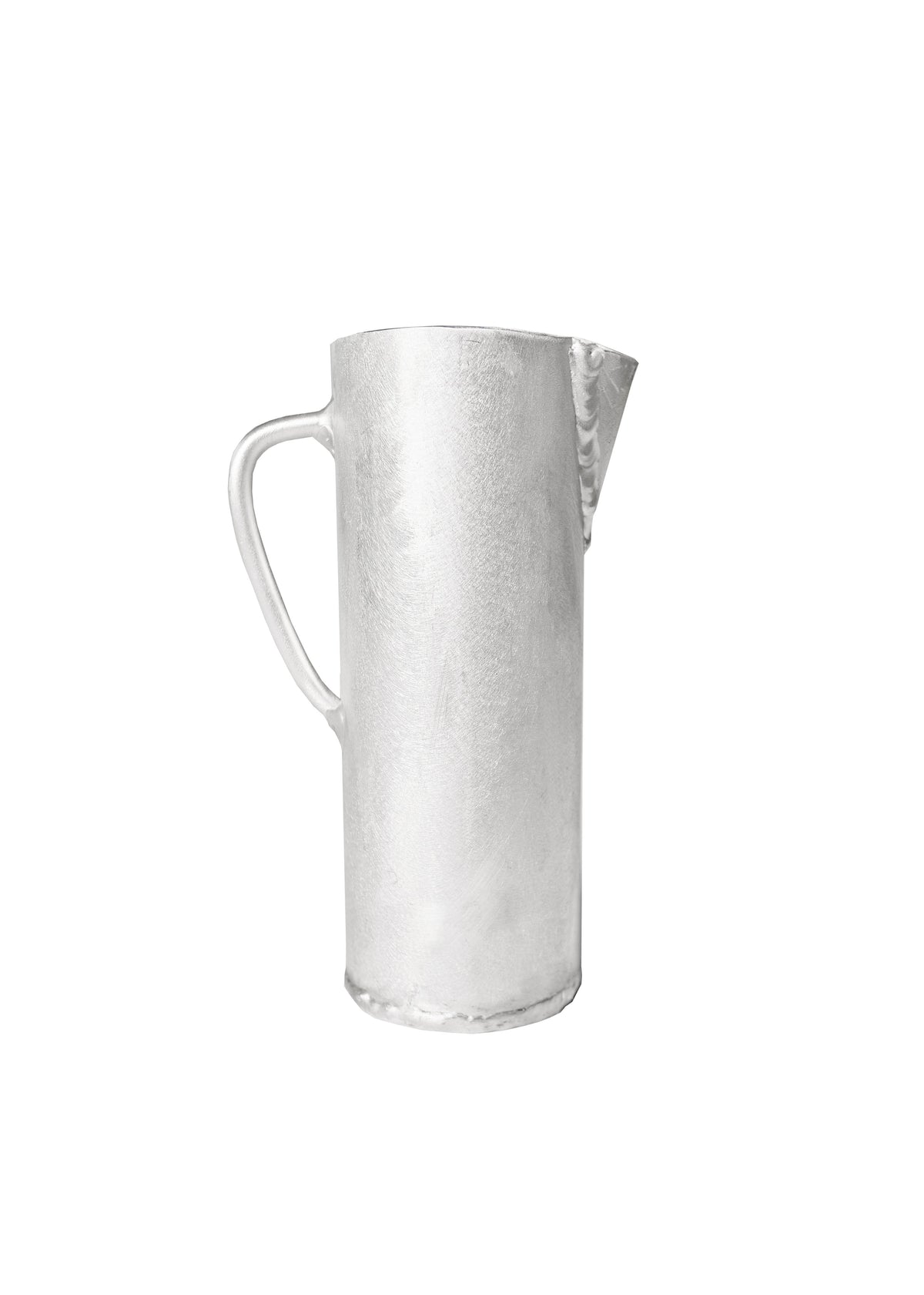Silver hammered aluminium jug with curved handle and spout perfect for pouring liquids