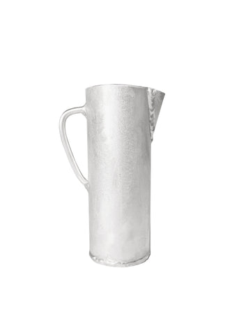 Silver hammered aluminium jug with curved handle and spout perfect for pouring liquids