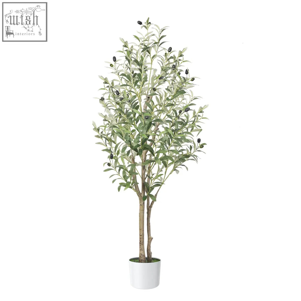 A 4ft alupssuc faux olive tree with slender branches black olives and natural wood trunk in a white pot for indoor outdoor use