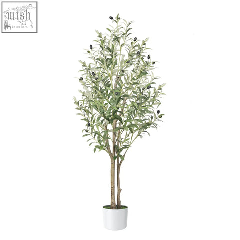 A 4ft alupssuc faux olive tree with slender branches black olives and natural wood trunk in a white pot for indoor outdoor use