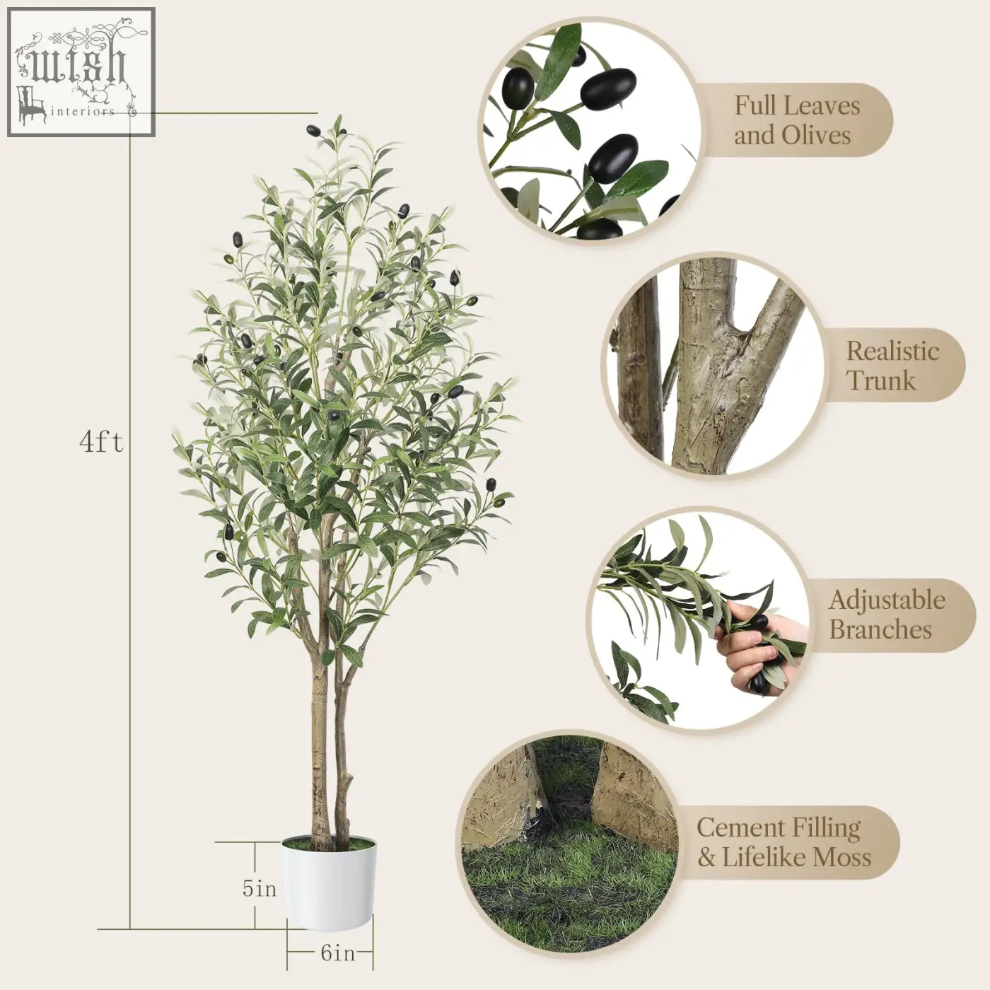 A 4ft faux olive tree with lush green leaves, black olives, realistic wood trunk, and adjustable branches in white pot
