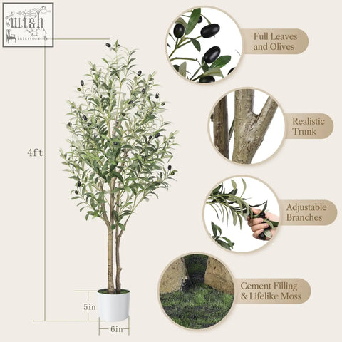 A 4ft faux olive tree with lush green leaves, black olives, realistic wood trunk, and adjustable branches in white pot