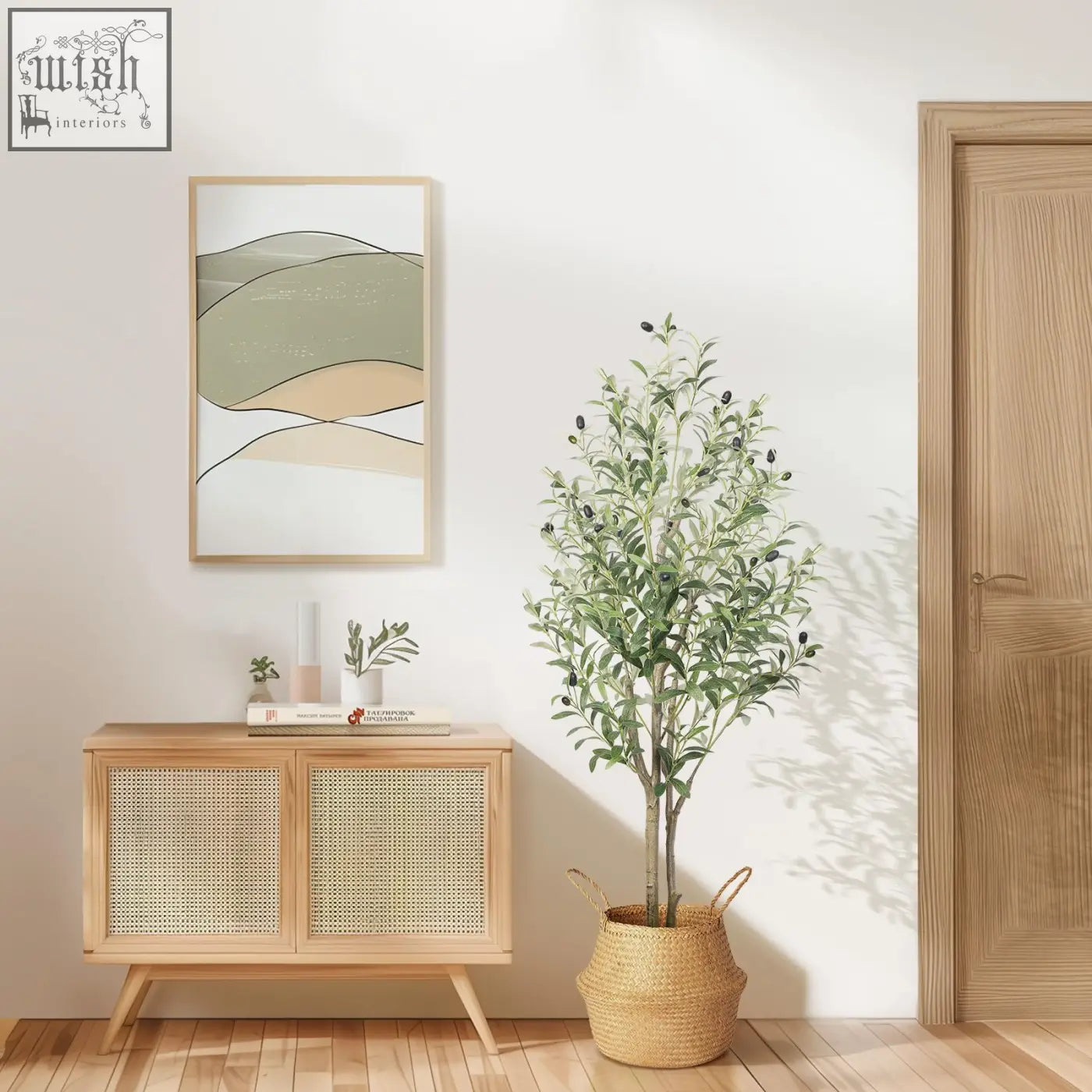 Tall 4ft alupssuc faux olive tree with green leaves dark olives and natural wood trunk in woven wicker basket
