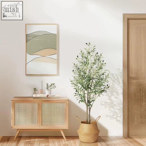 Tall 4ft alupssuc faux olive tree with green leaves dark olives and natural wood trunk in woven wicker basket